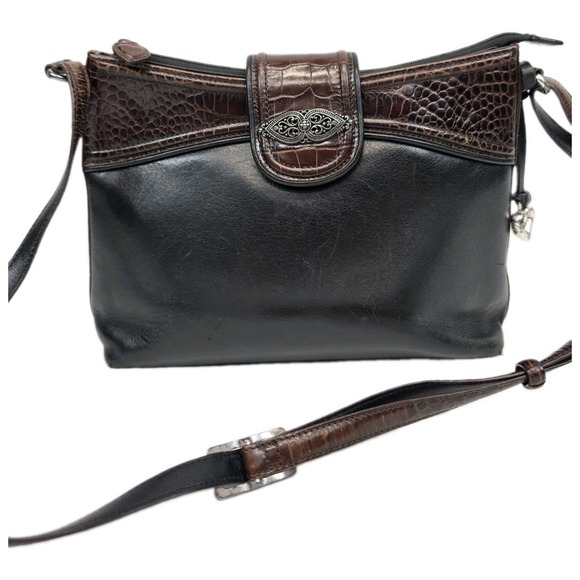 Brighton Handbags - BRIGHTON Shoulder Bag Black Brown Leather Croc Embossed 12x9x3.75 Purse 3309